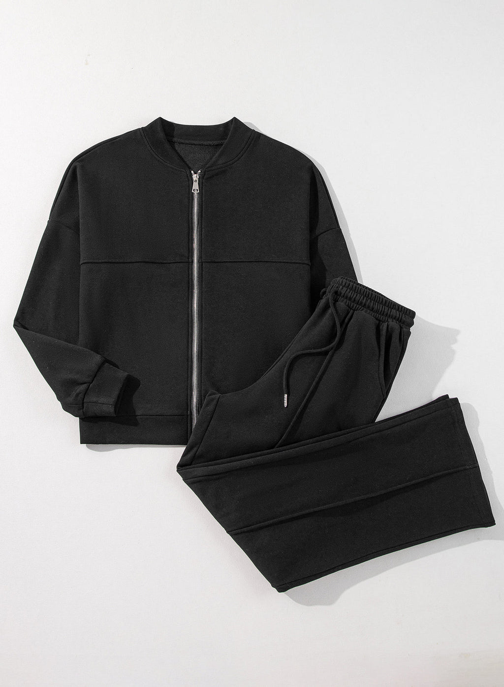 Black Solid Seamed Zipper Jacket and Drawstring Waist Pants Set Dear-Lover Dropshipping