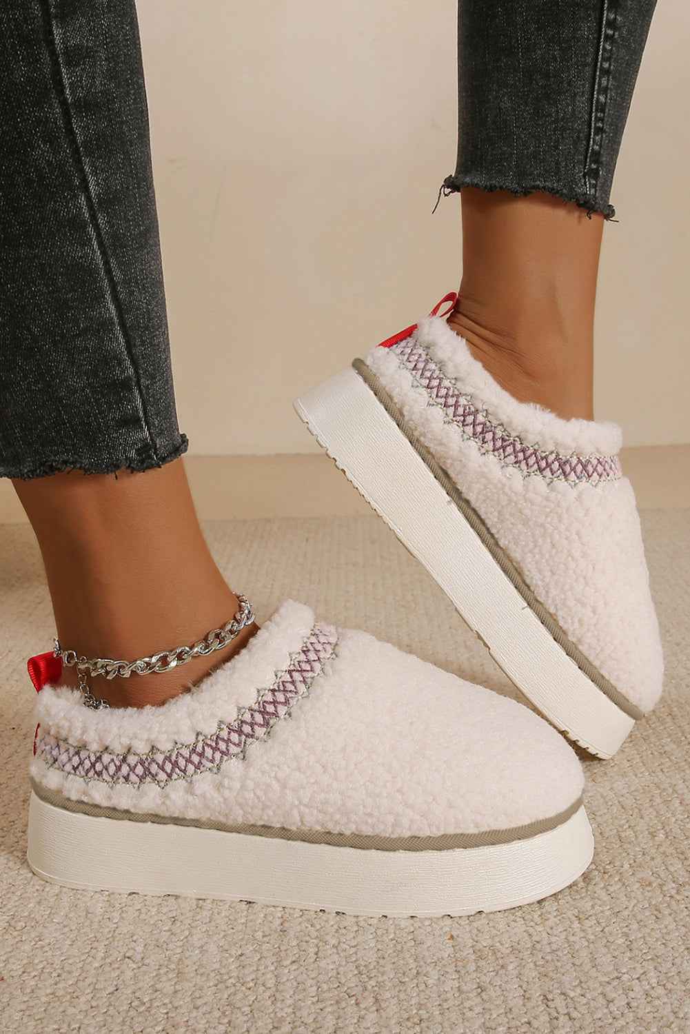 White Embroidered Sherpa Plush Thick Sole Winter Slippers