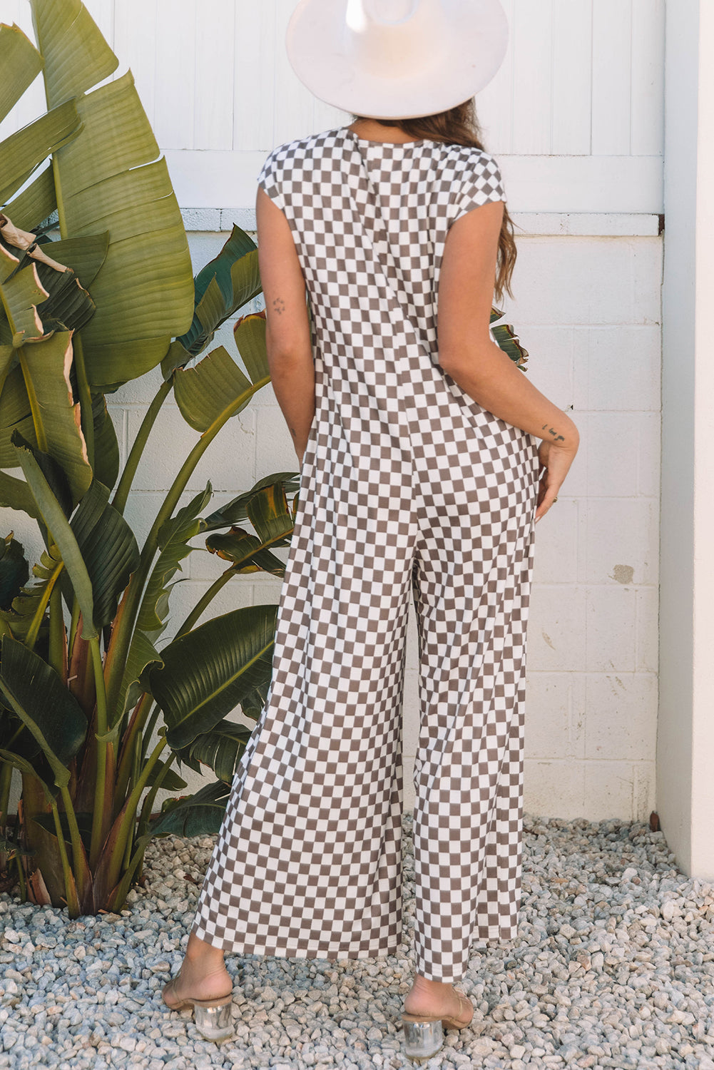 Khaki Checkered Print Buttoned Crew Neck Wide Leg Jumpsuit Dear-Lover Dropshipping