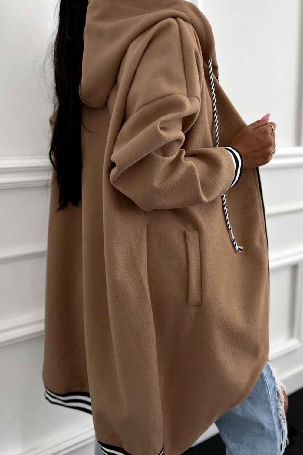 Dark Khaki Contrast Cuffed Drop Shoulder Zip up Tunic Hoodie