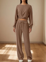 Crisscross Round Neck Top and Drawstring Pants Set.