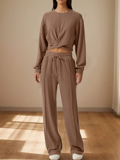 Crisscross Round Neck Top and Drawstring Pants Set.