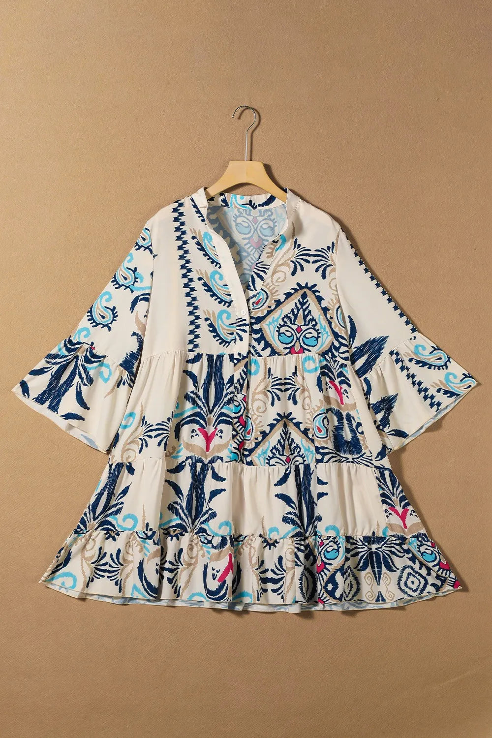 Printed Notched Three-Quarter Sleeve Mini Dress.