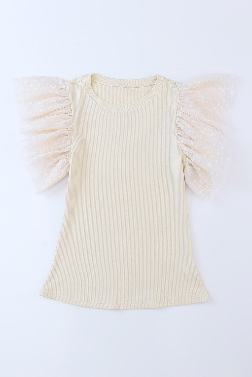 Apricot Dotty Mesh Ruffle Sleeve Ribbed Knit Top Dear-Lover Dropshipping