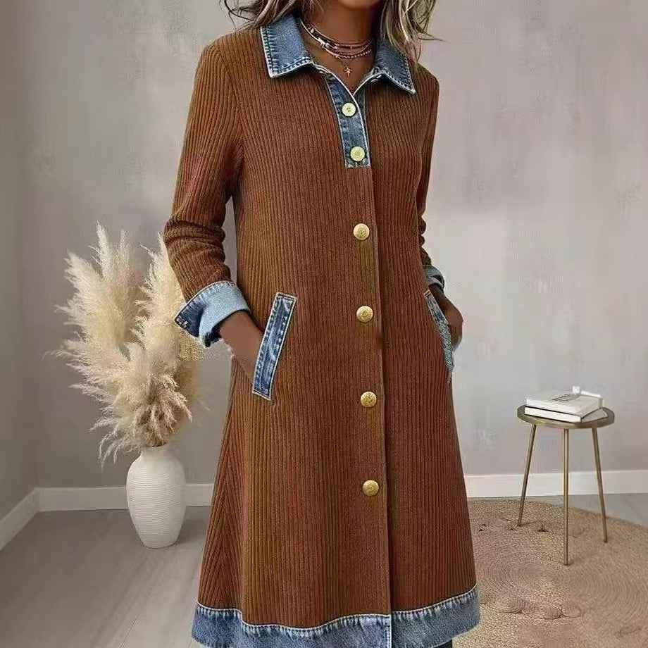 Womens Buttoned Long-Sleeve Corduroy Patchwork Denim Dress
