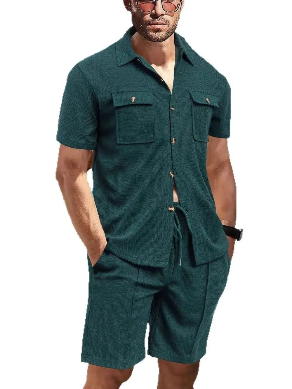 Men's Full Size Button Down Short Sleeve Top and Shorts Set Plus Size.