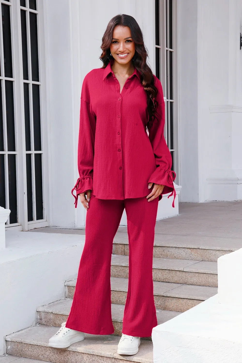 Drawstring Flounce Sleeve Shirt and Pants Set - CHIC TB