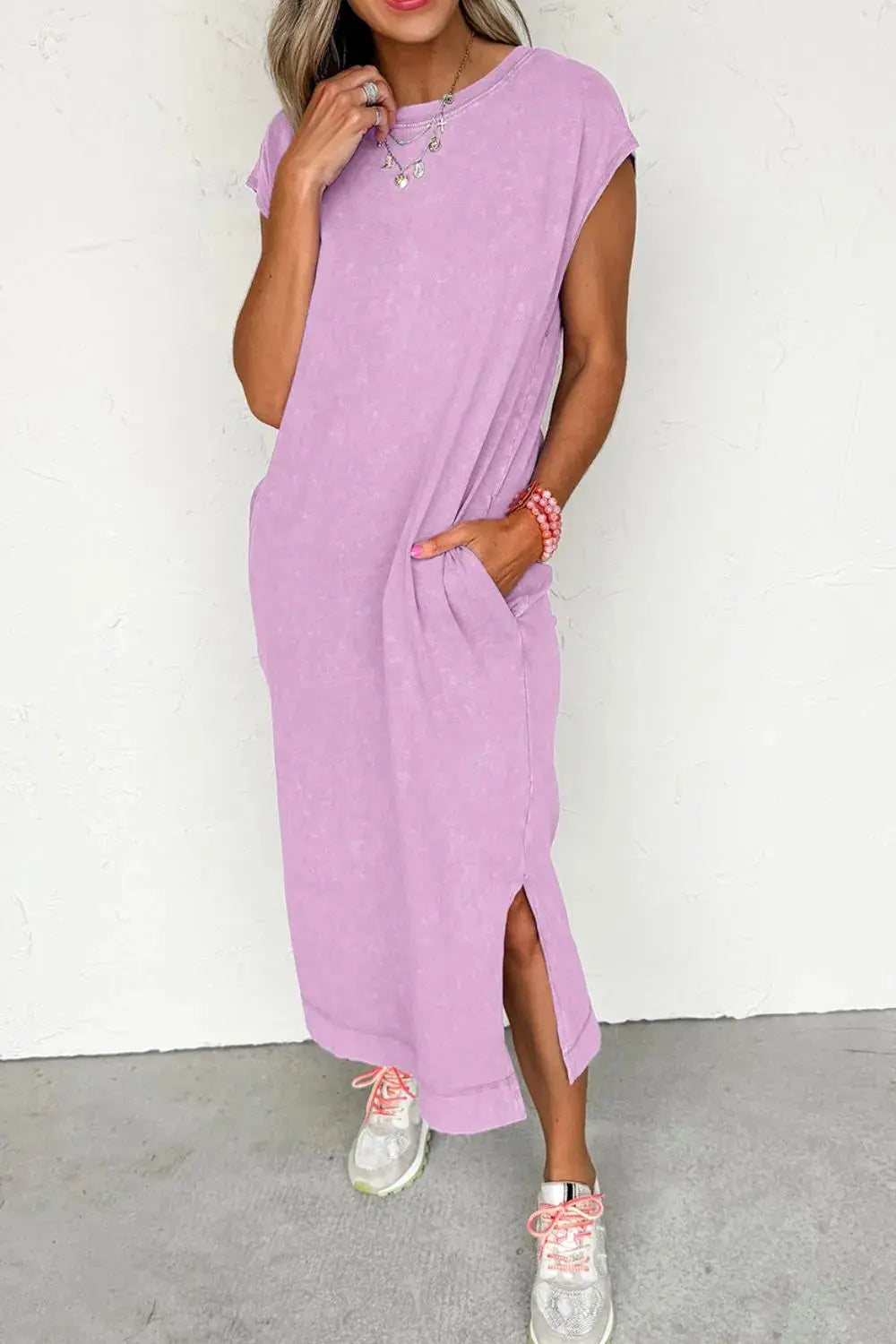 Side Split Round Neck Cap Sleeve T-Shirt Dress.