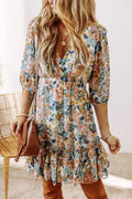 Sky Blue Floral 3/4 Sleeve V Neck High Waist Ruffled Dress Dear-Lover Dropshipping