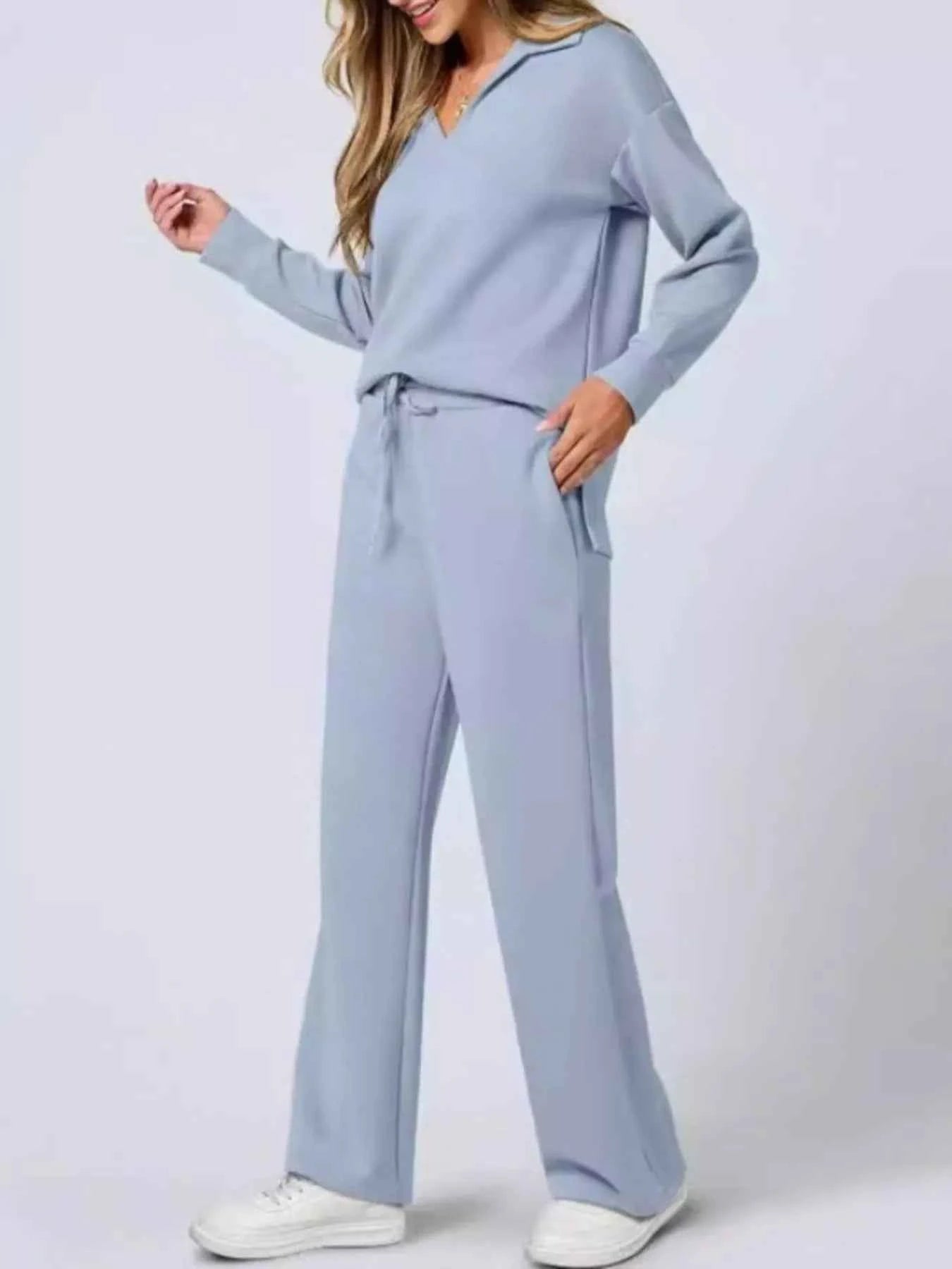 Full Size Johnny Collar Long Sleeve Top and Pants Plus Size