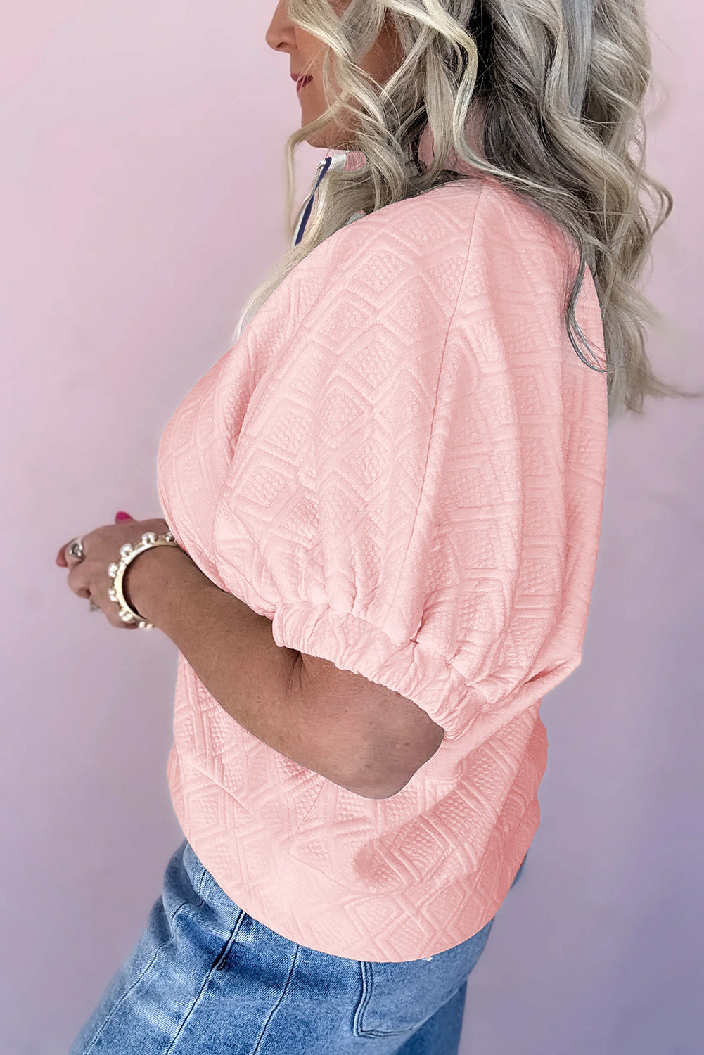 Light Pink Contrast Striped Collar Patchwork Textured Half Sleeve Blouse Dear-Lover Dropshipping