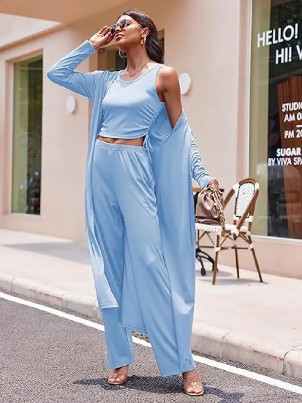 Drawstring Tank, Long Sleeve Cover Up and Pants Set.