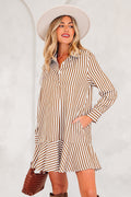 Brown Stripe Ruffled Hem Collared Long Sleeve Shirt Mini Dress Dear-Lover Dropshipping