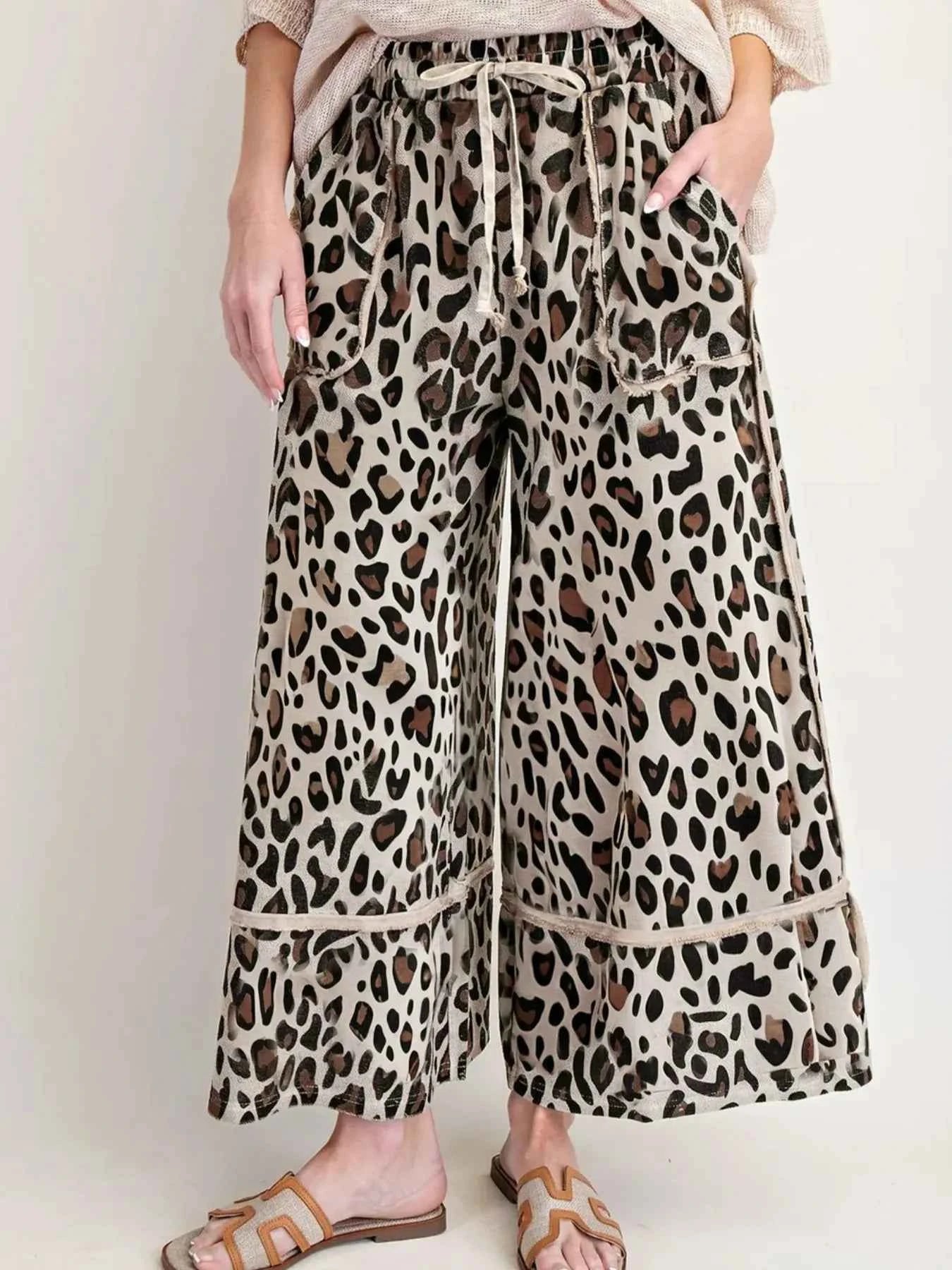 Leopard Print Wide Leg Drawstring Pants.