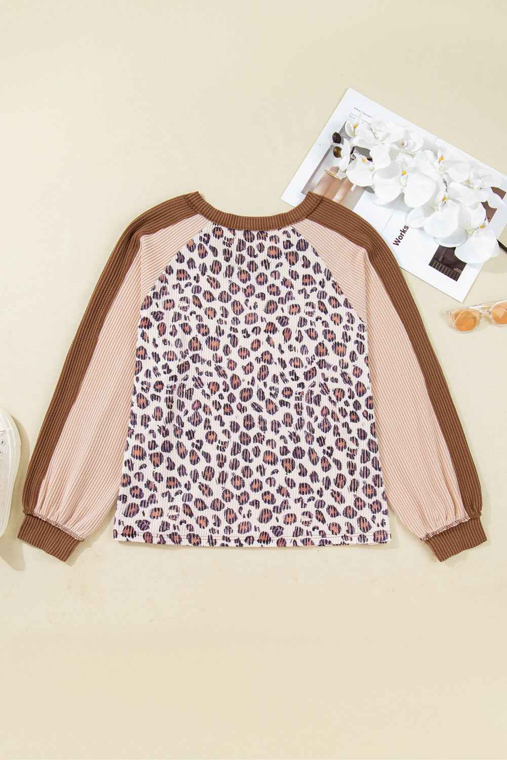 Parchment Leopard Colorblock Patchwork Twist Ribbed Plus Size V Neck Baggy Pullover