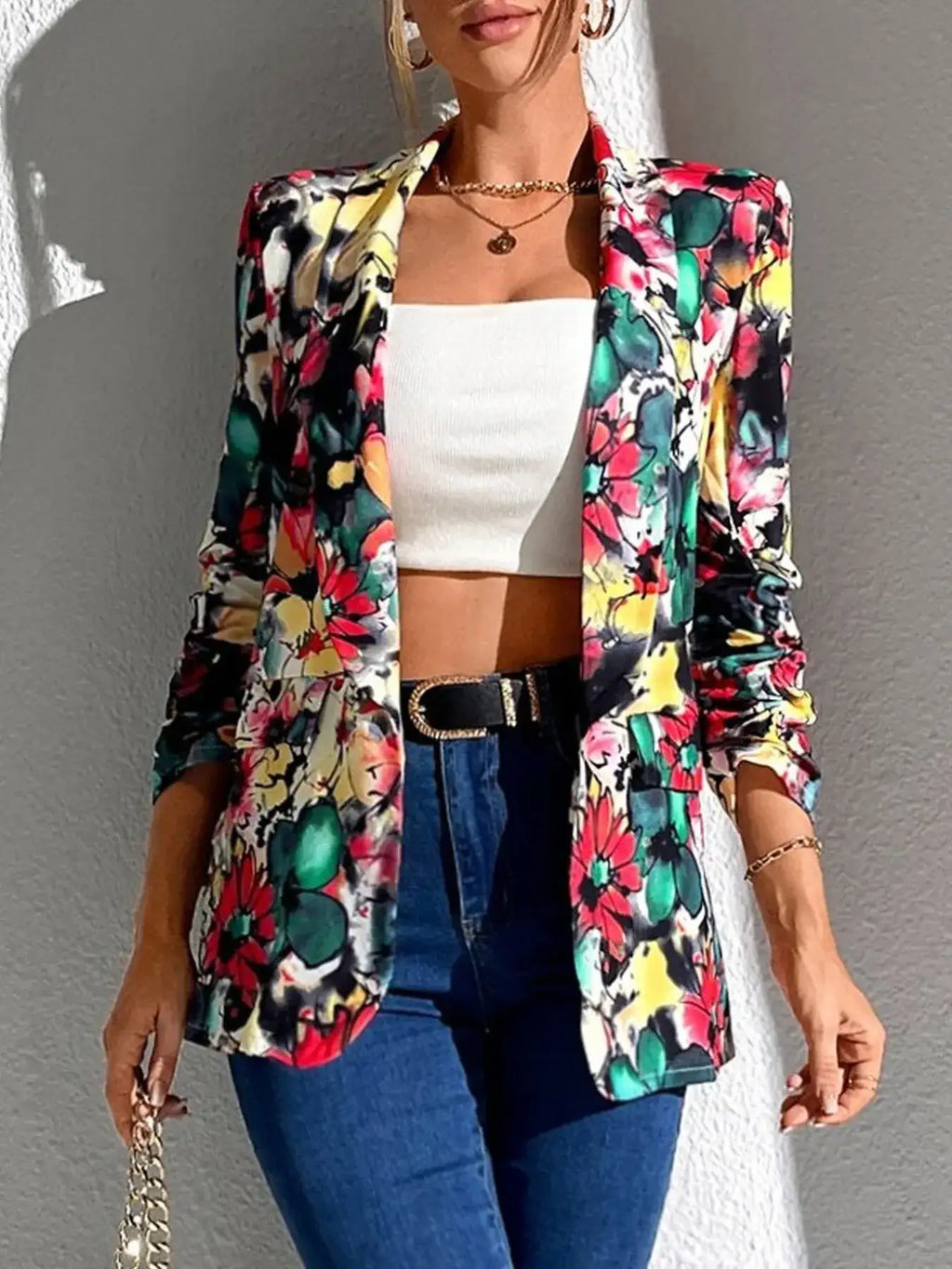 Vibrant Floral Print Open Front Blazer.