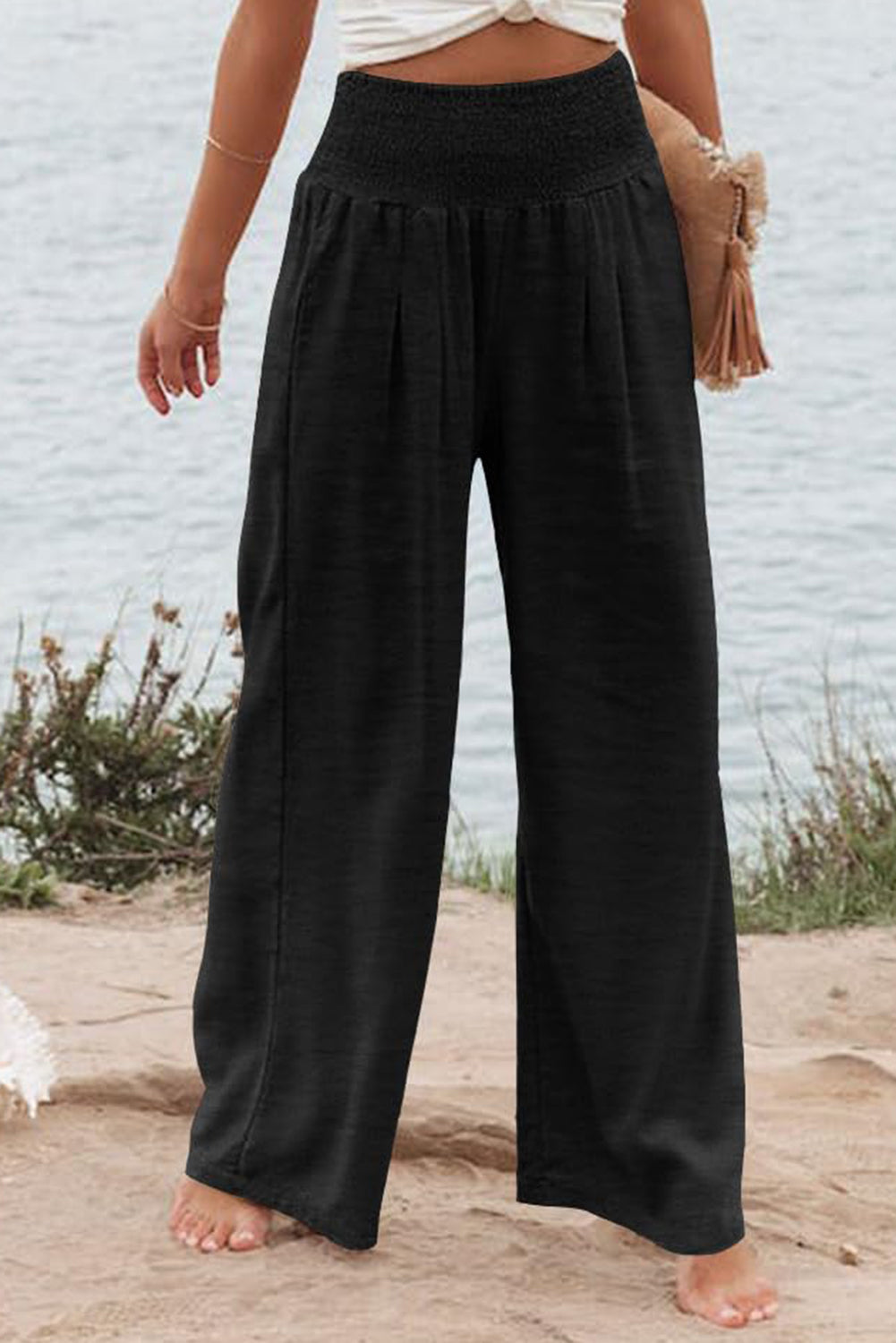 Black Shirred High Waist Plus Size Wide Leg Pants Dear-Lover Dropshipping