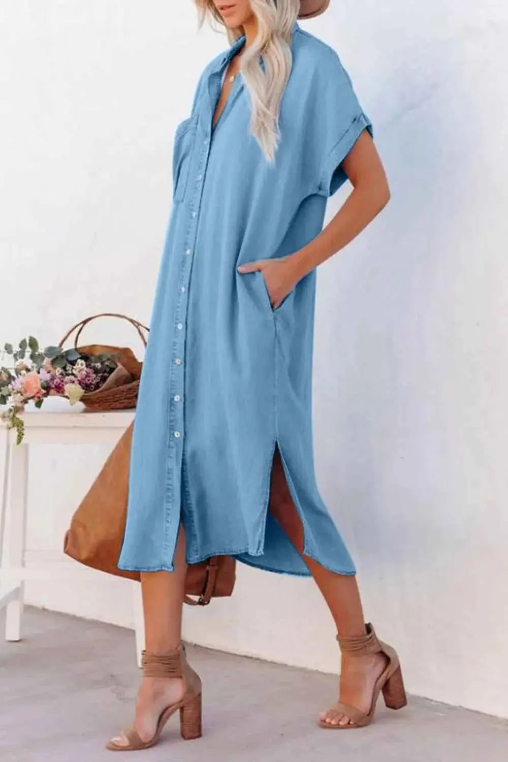 Slit Button Up Short Sleeve Imitation Denim Dress.