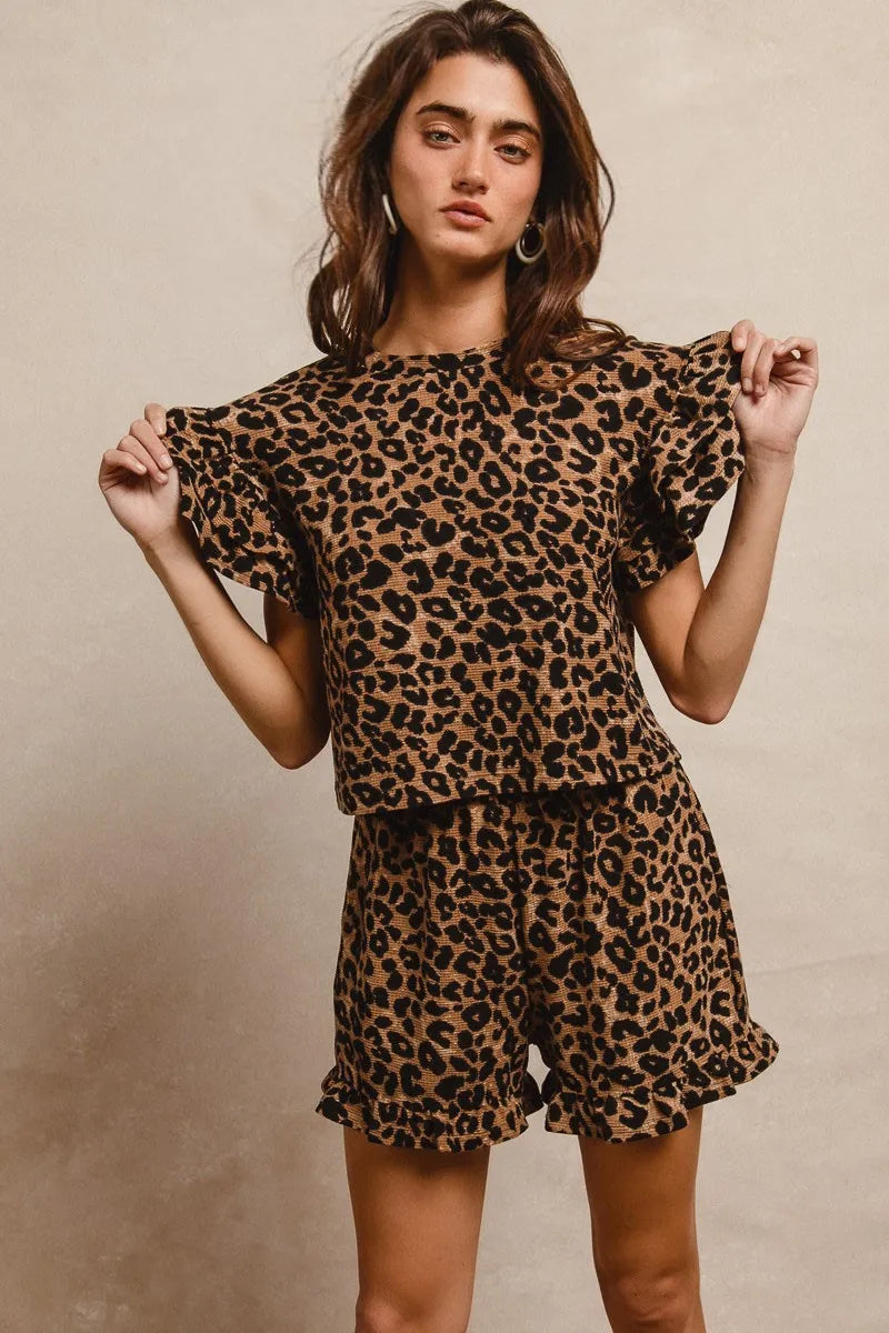 BiBi Leopard Print Waffle Texture Layered Ruffle Sleeve Top and Shorts Set.
