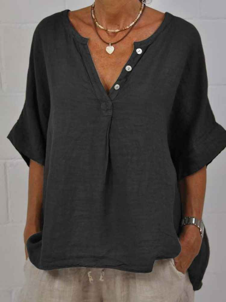 Cotton-linen Solid-color Door-cuff V-neck Button-up Shirt