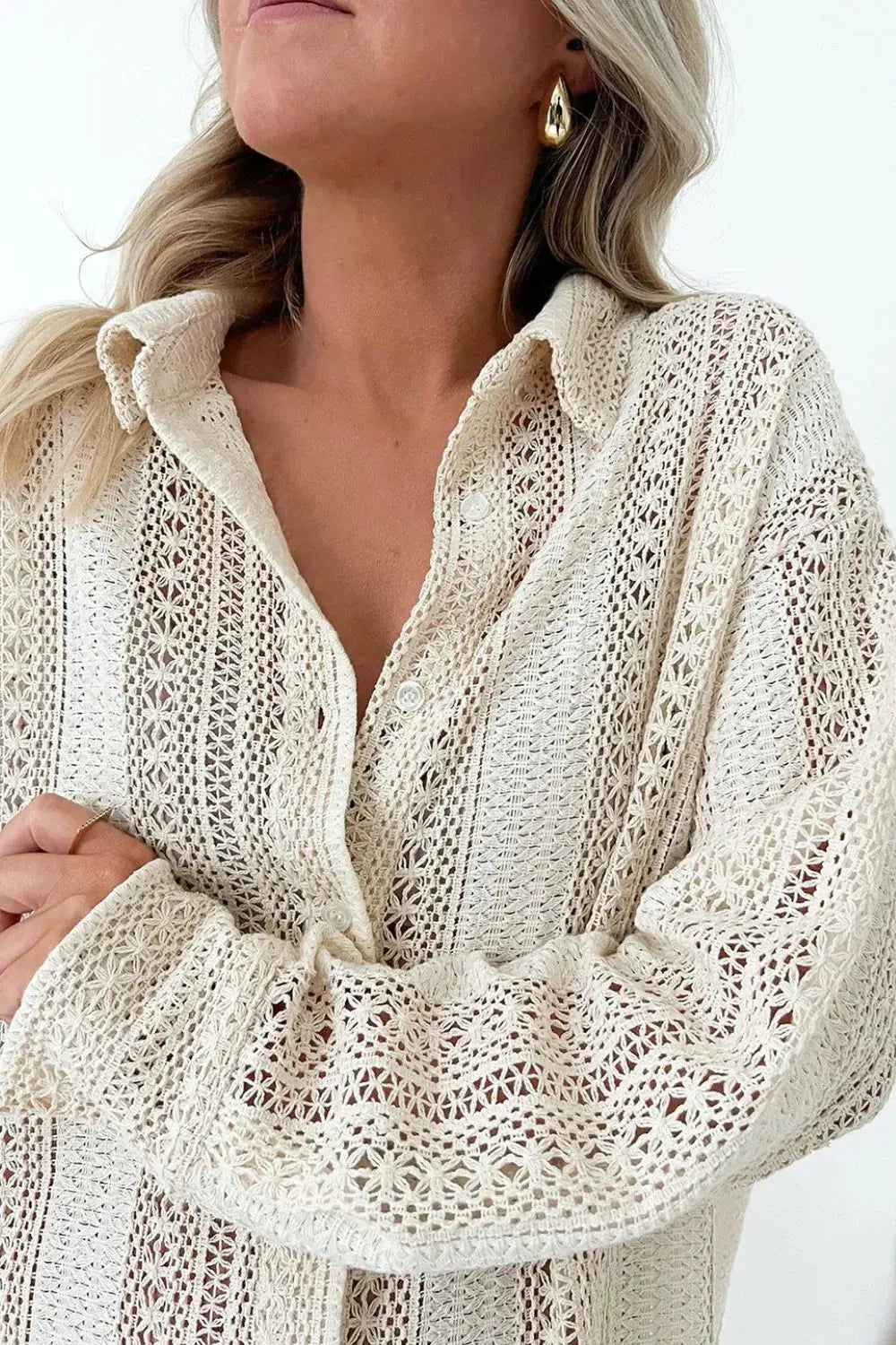 Lace Crochet Collared Neck Oversized Shirt.