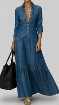 Street-style Vintage-collar Chic Denim High-end And Fashionable Fitted-waist Maxi Dress