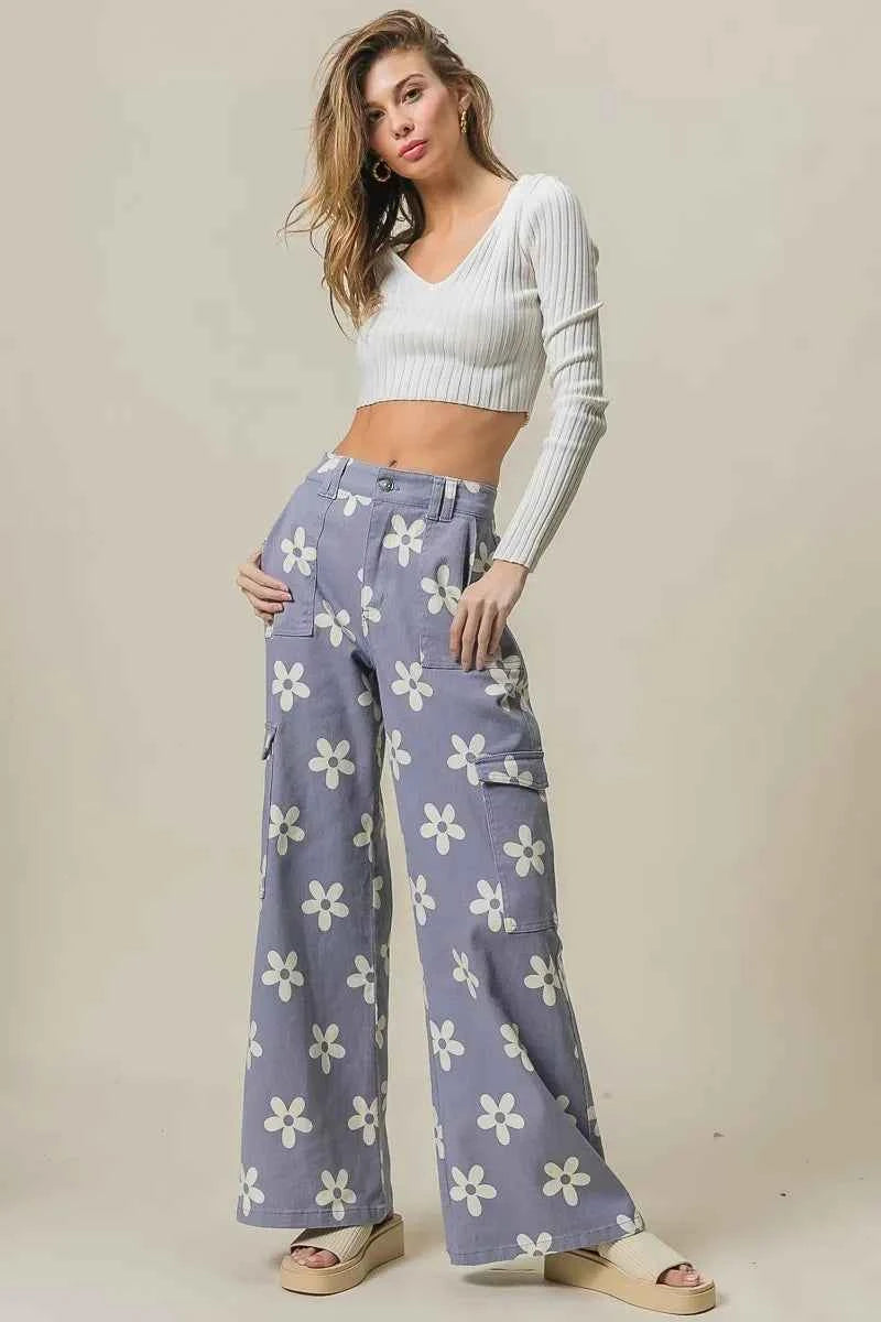 BiBi Flower Printed Side Pocket Wide Pants