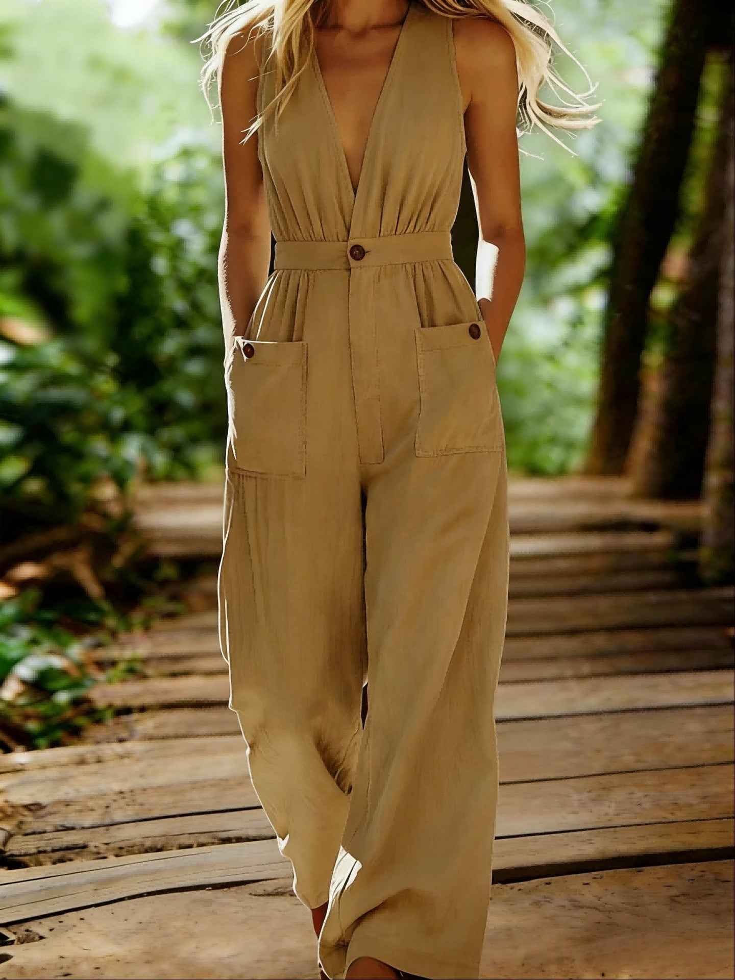 Loose-fit Casual V-neck Sleeveless Solid-color Wide-leg Jumpsuit With Pockets