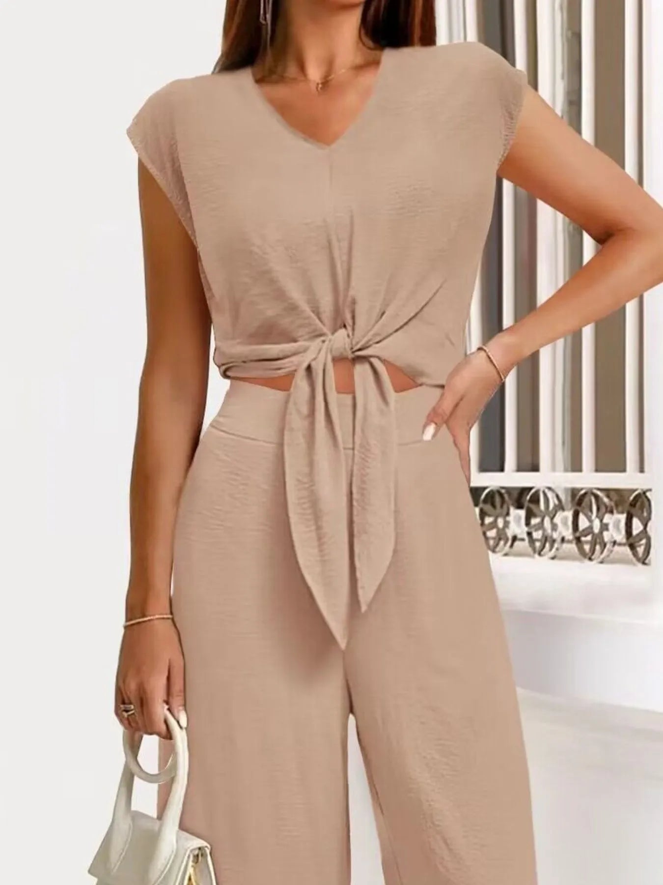 Tie Front Top and Wide Leg Pants Set.