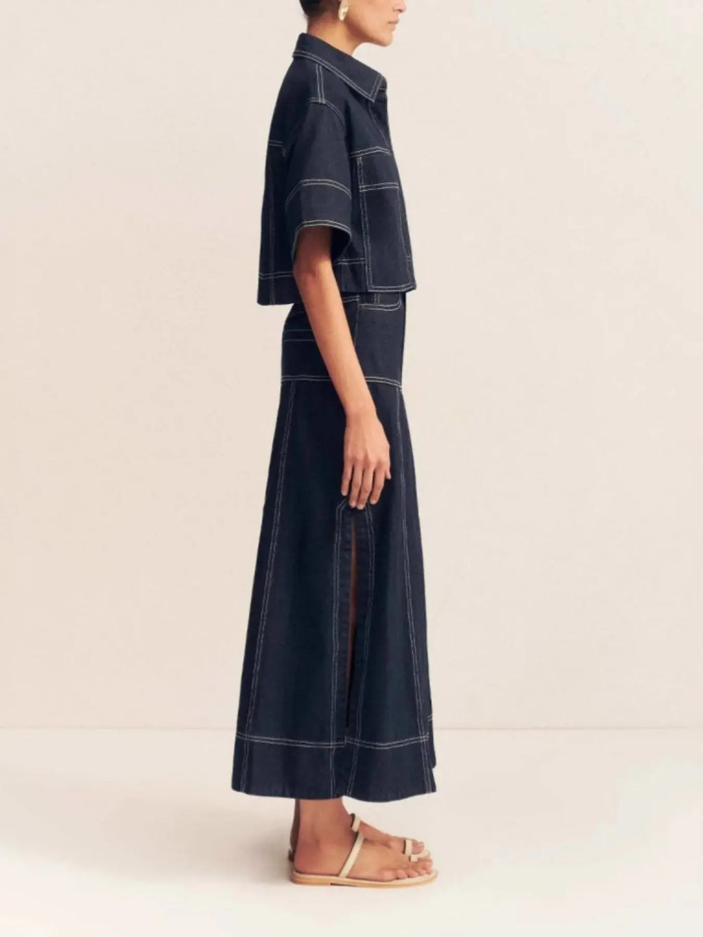 High-Waist Side Slit Contrast Stitch Denim Maxi Skirt.