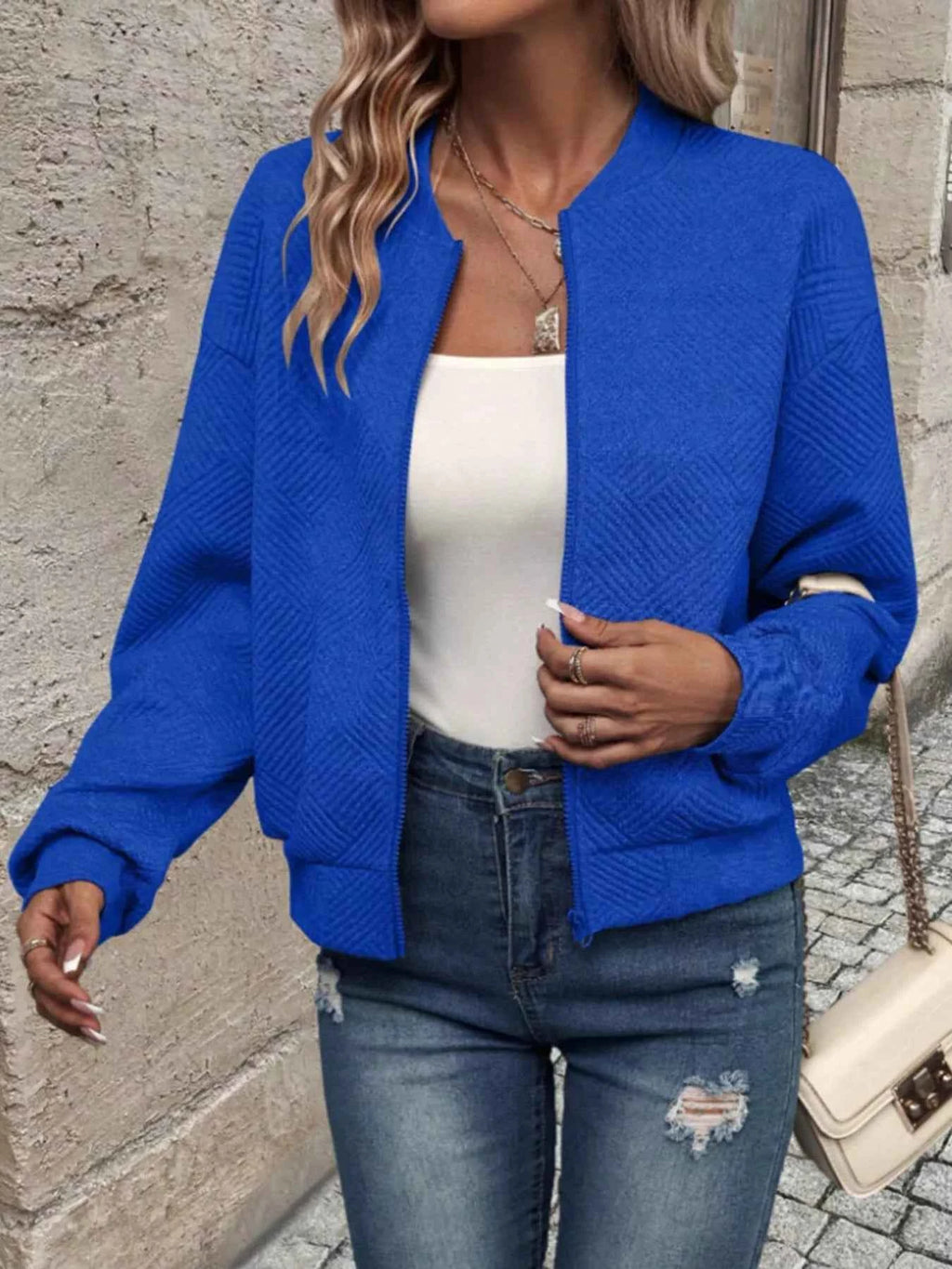 Textured Knit Zip-Up Bomber Jacket