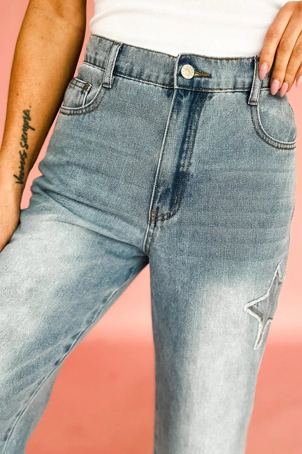 Star Embroidered High Waist Wide Leg Jeans.