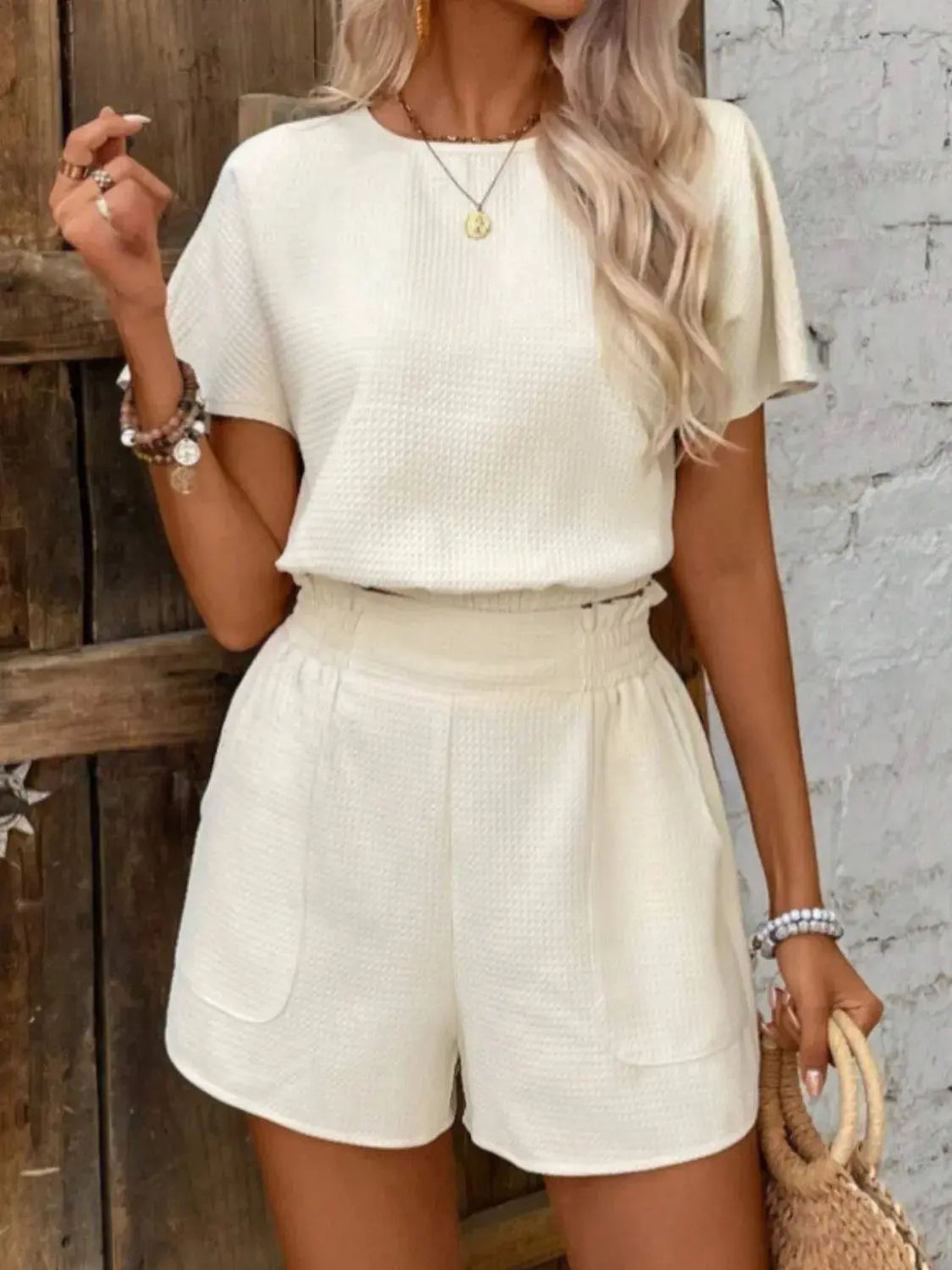 Round Neck Short Sleeve Top and Shorts Set.