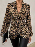 Leopard Print Tie Front Long Sleeve Blouse