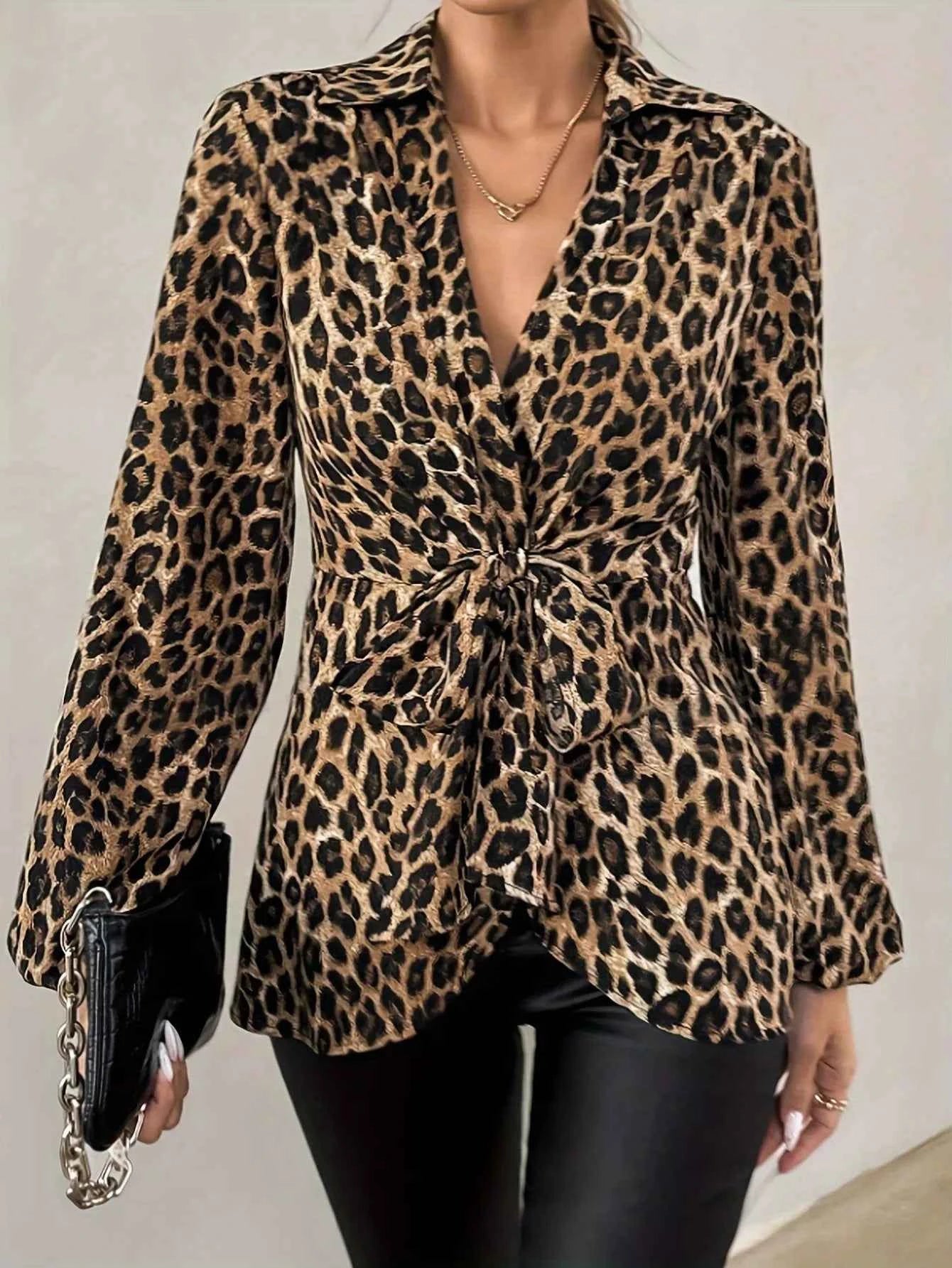 Leopard Print Tie Front Long Sleeve Blouse