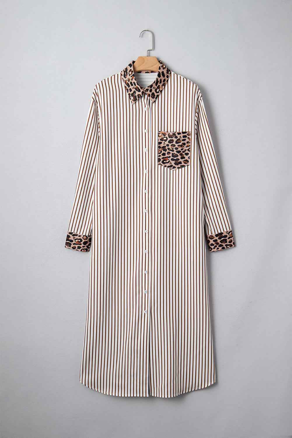 Brown Stripe Contrast Leopard Patchwork Long Shirt Dress with Slits