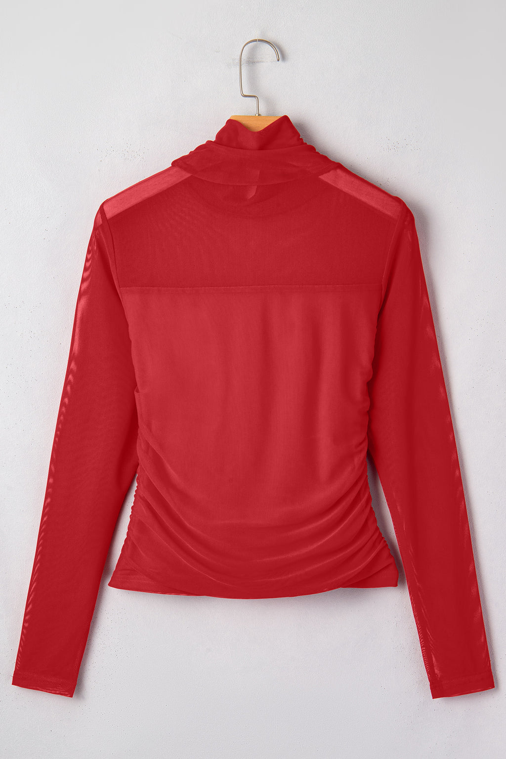 Fiery Red Sheer Mesh Patchwork High Neck Long Sleeve Top