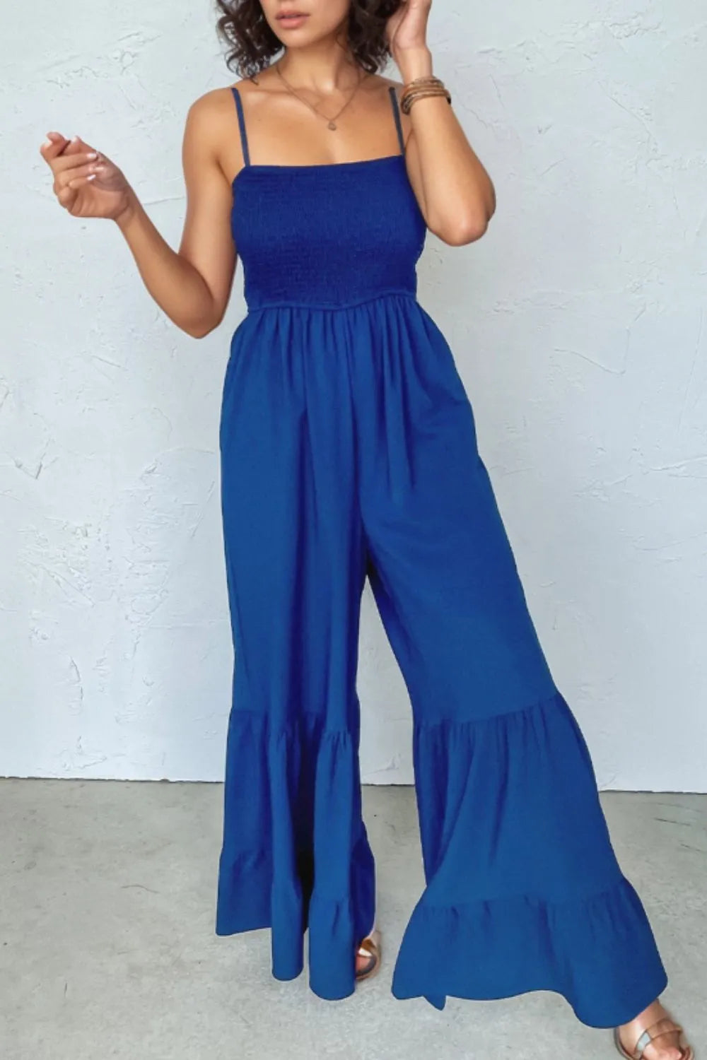 Spaghetti Straps Smocked Ruffled Wide Leg Jumpsuit.