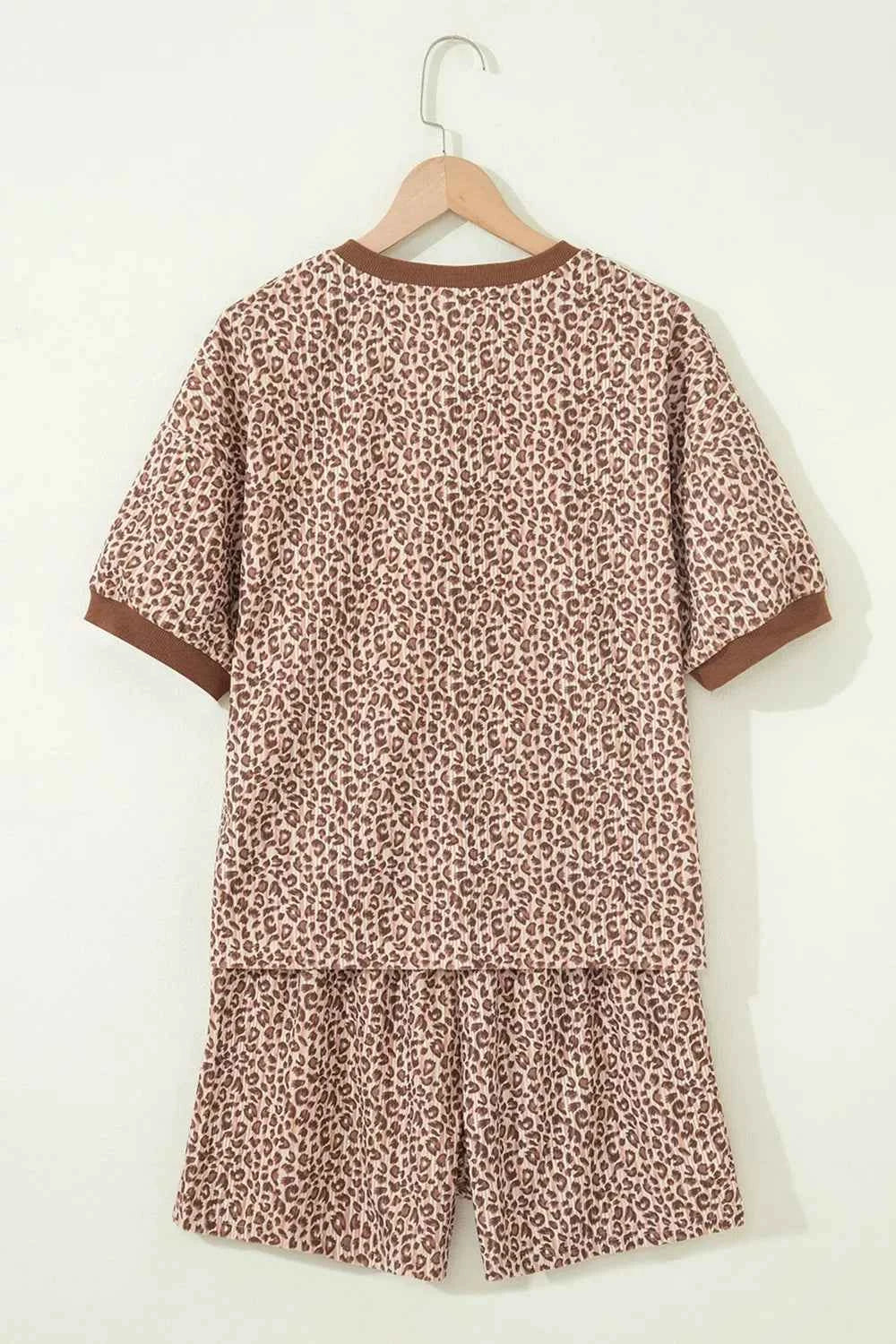 Leopard Print Ribbed Patchwork Half Button Loose Tee Elastic Waist Short 2pcs Set