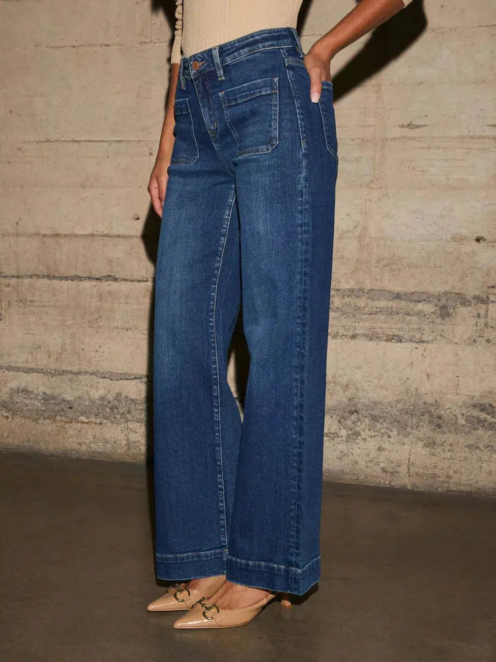 High Rise Front Pocket Patch Wide Leg Jeans.