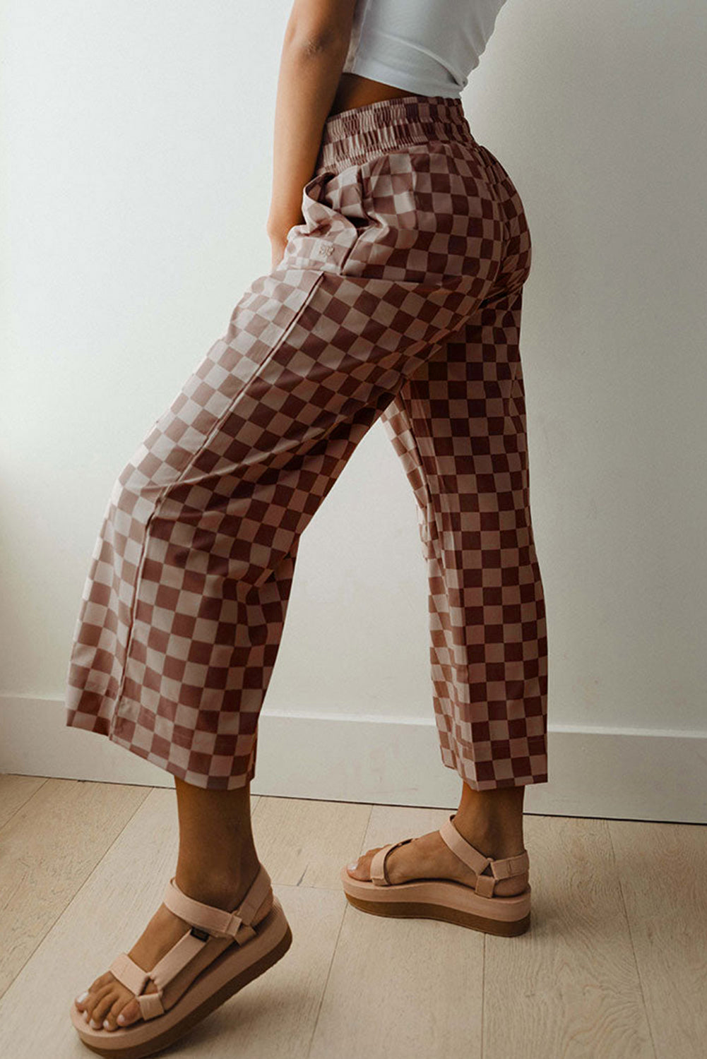 Khaki Checkered Elastic High Waist Loose Casual Pants Dear-Lover Dropshipping
