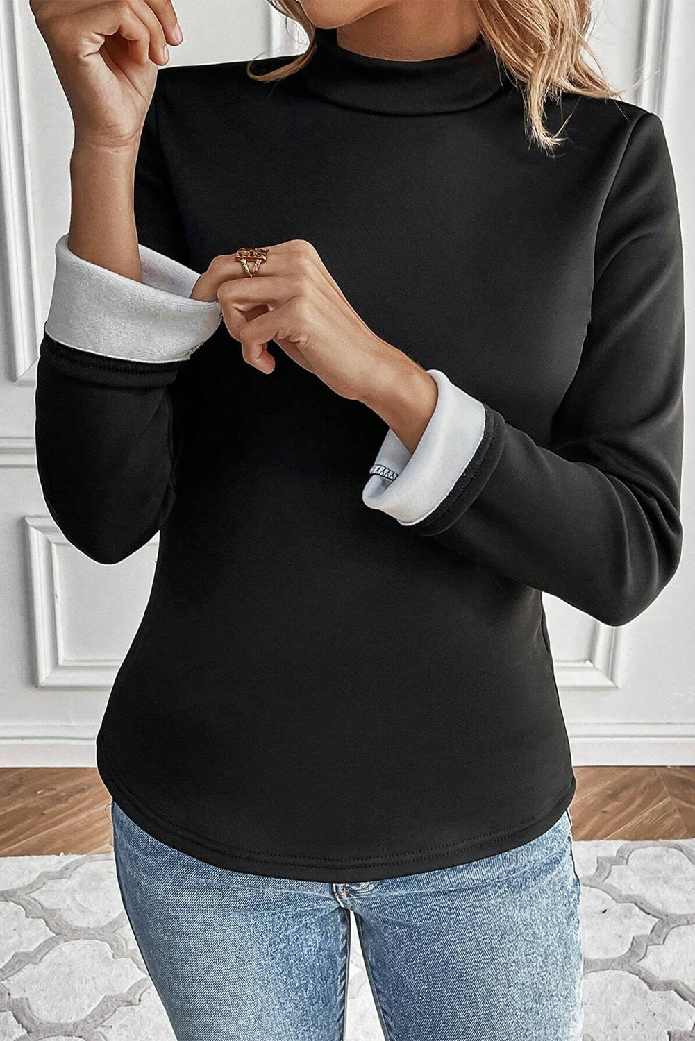 Black Mock Neck Thermal Lined Long Sleeve Tee Dear-Lover Dropshipping