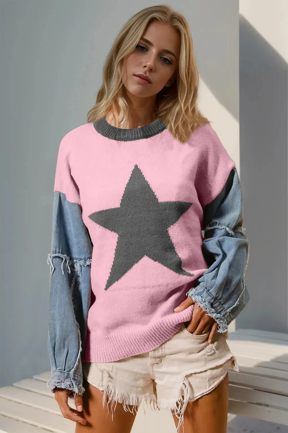Double Take Full Size Star Pattern Raw Edge Long Sleeve Sweater.