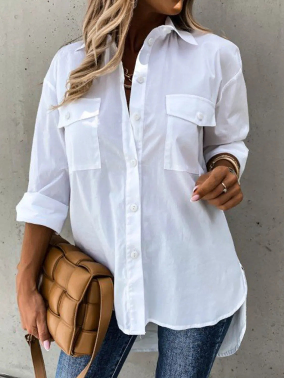 Button Up Roll-Tab Sleeve Shirt.