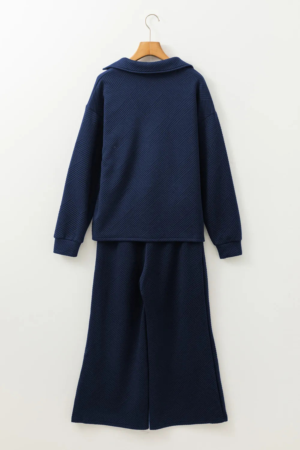 Textured Collared Neck Top and Wide Leg Pants Set.