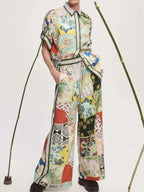 Printed Button Up Shirt And Drawstring Pants Two Piece Set