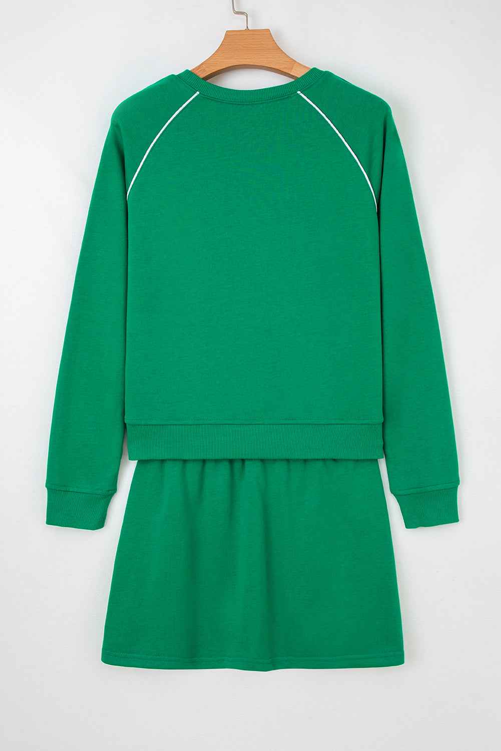 Dark Green Contrast Piping Crewneck Pullover Mini Skirt Set