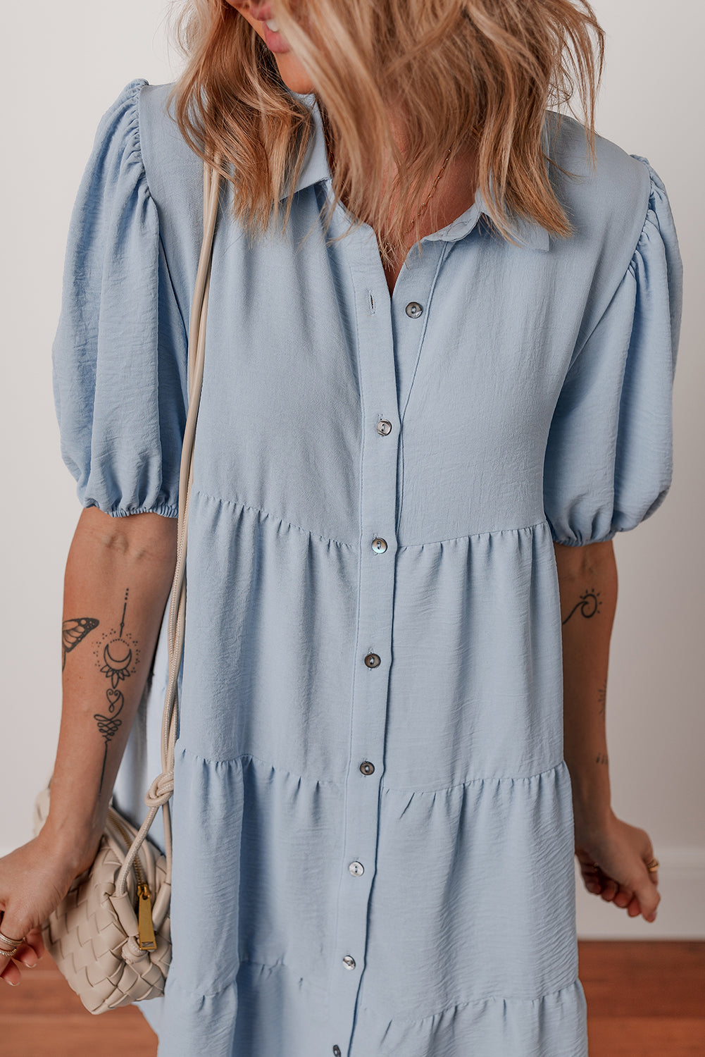 Beau Blue Shirt Collar Button Up Short Puff Sleeve Tiered Shift Dress Dear-Lover Dropshipping