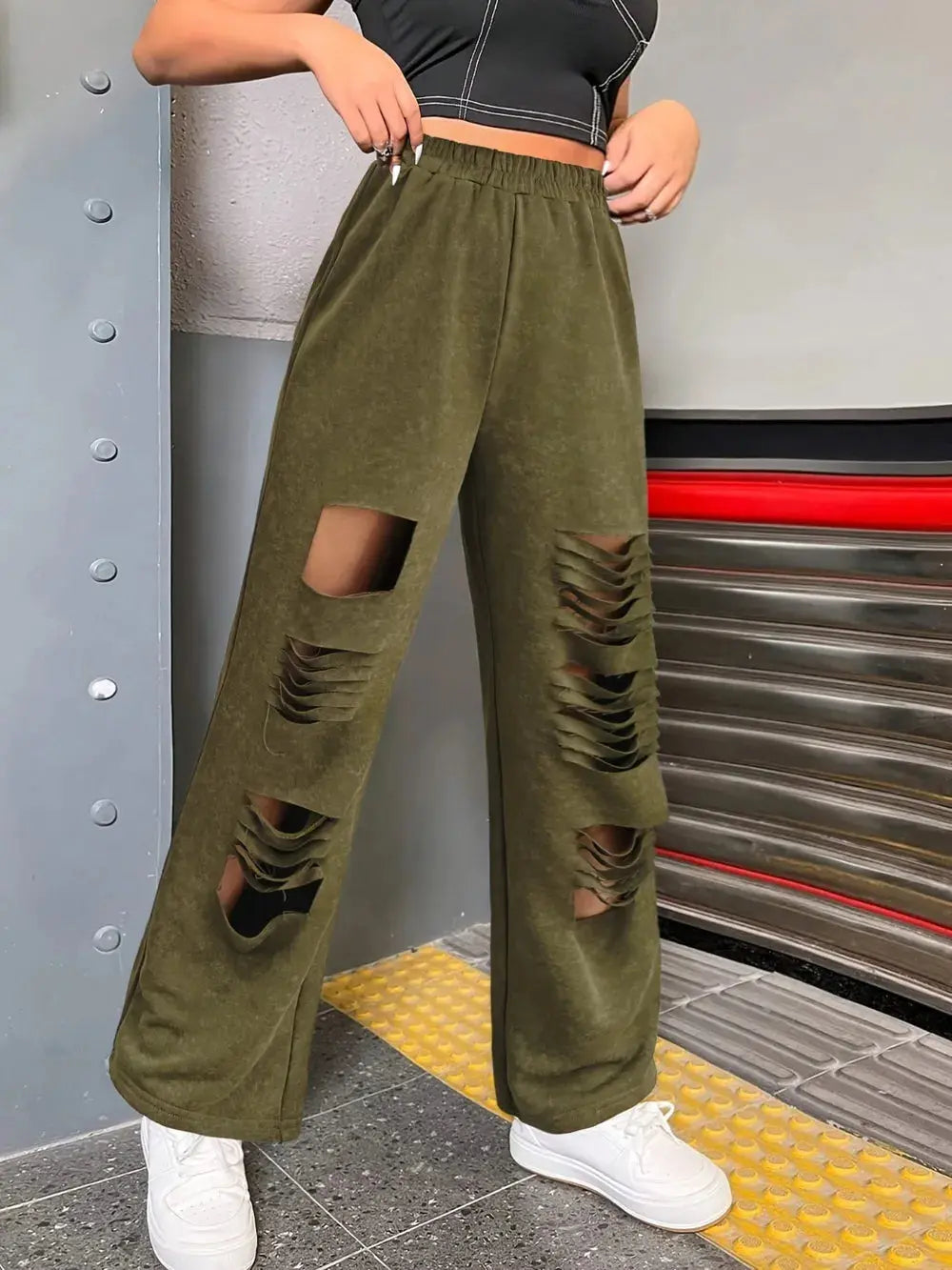 Distressed Elastic Waist Straight Leg Pants.