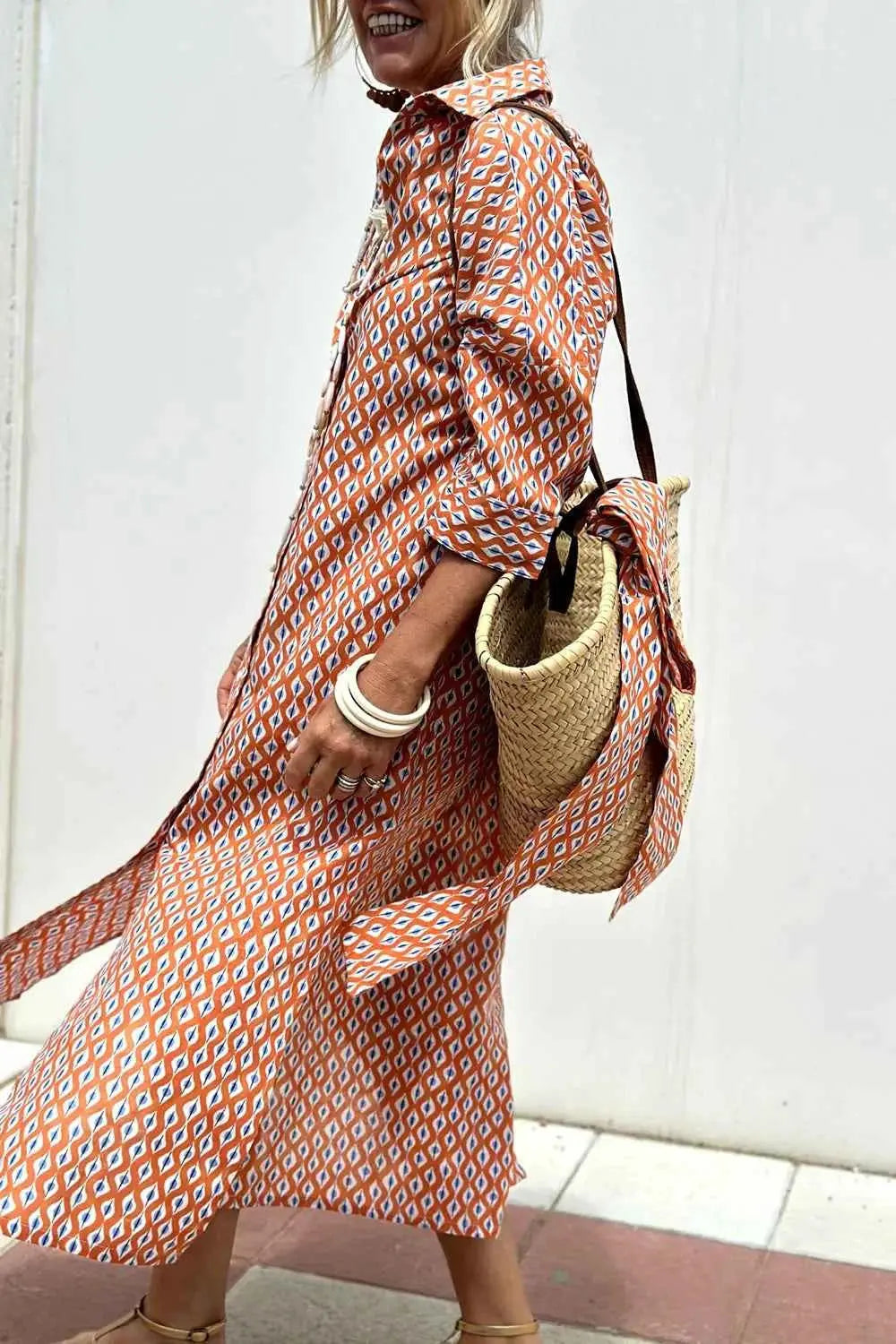Tied Button Up Three-Quarter Sleeve Dress.